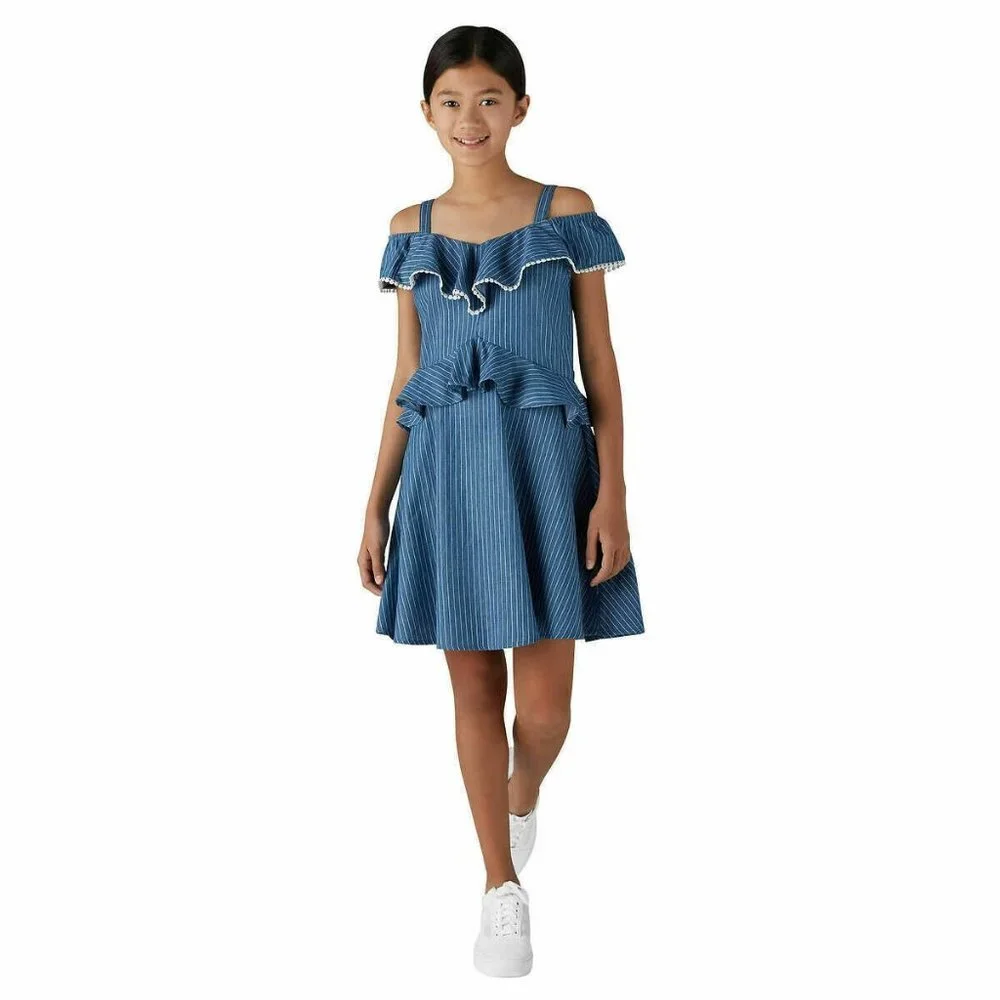 BCBGirls Dress Blue White Stripe Cold Shoulder Ruffle - Picture 1 of 11